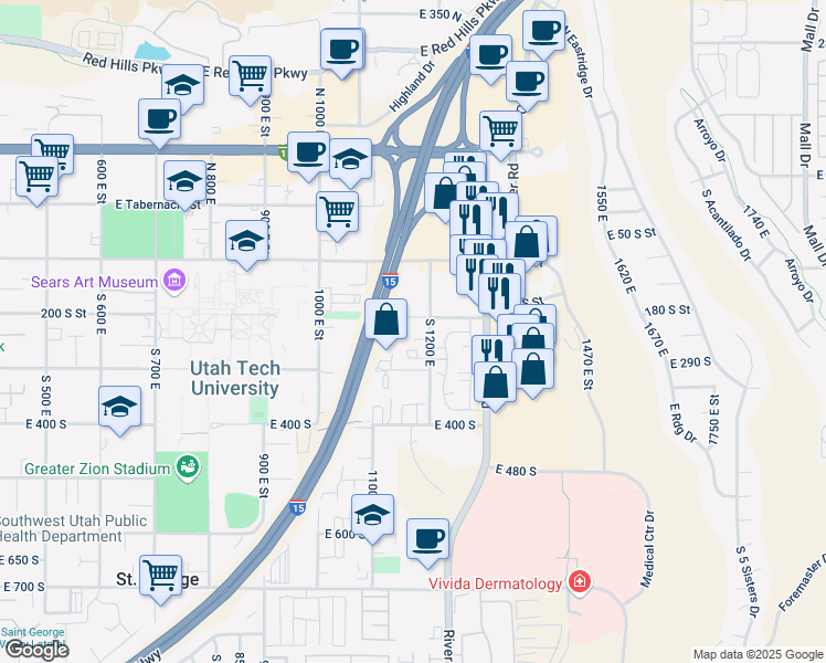 map of restaurants, bars, coffee shops, grocery stores, and more near 1136 East 200 South in St. George
