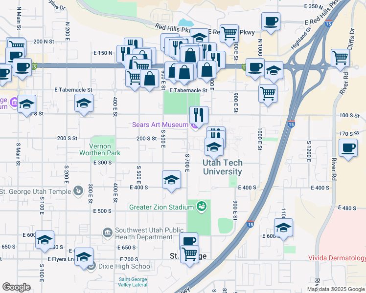 map of restaurants, bars, coffee shops, grocery stores, and more near 244 South 700 East in St. George