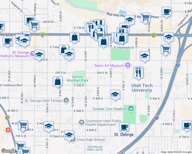 map of restaurants, bars, coffee shops, grocery stores, and more near 237 South 500 East in St. George