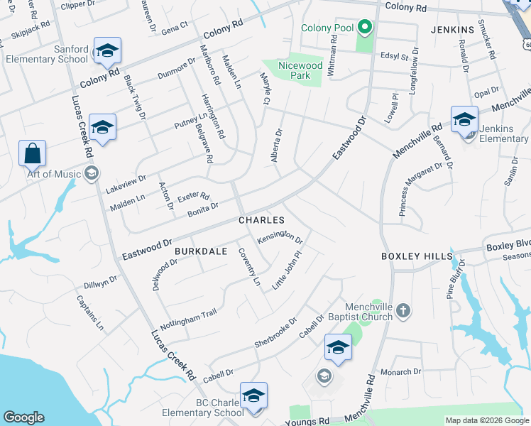 map of restaurants, bars, coffee shops, grocery stores, and more near 208 Eastwood Drive in Newport News
