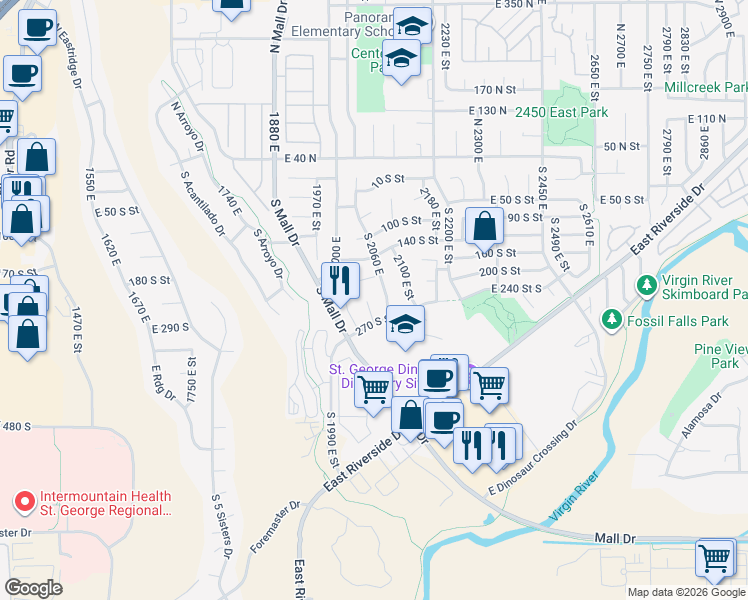 map of restaurants, bars, coffee shops, grocery stores, and more near 232 South 2040 East Circle in St. George