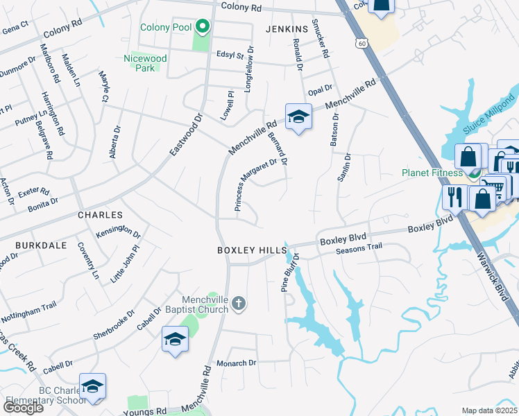 map of restaurants, bars, coffee shops, grocery stores, and more near 11 Hayes Drive in Newport News