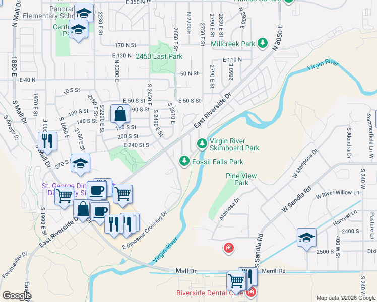 map of restaurants, bars, coffee shops, grocery stores, and more near 260 South 2670 East in St. George