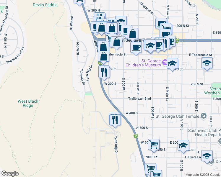map of restaurants, bars, coffee shops, grocery stores, and more near 229 South 400 West in St. George