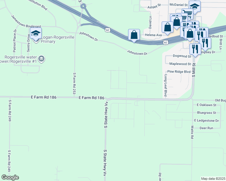 map of restaurants, bars, coffee shops, grocery stores, and more near 10263 East Farm Road 186 in Rogersville