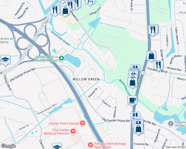 map of restaurants, bars, coffee shops, grocery stores, and more near 1190 Willow Green Drive in Newport News