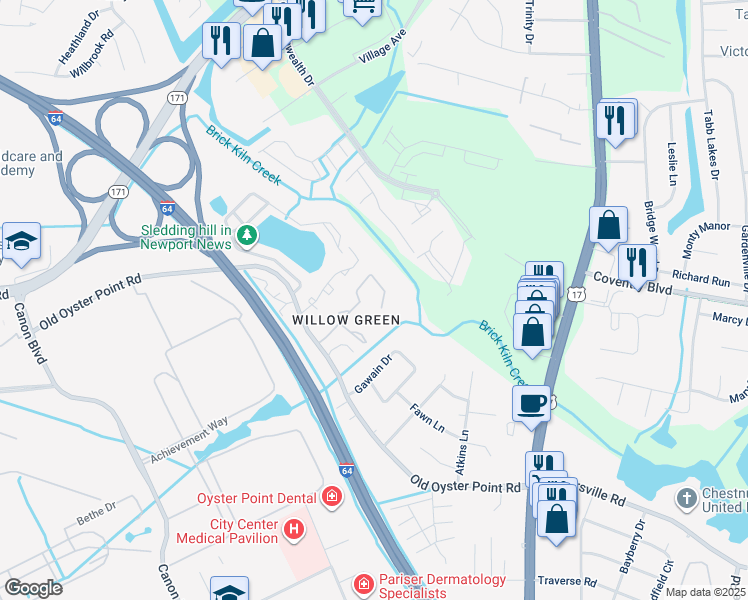 map of restaurants, bars, coffee shops, grocery stores, and more near 1190 Willow Green Drive in Newport News