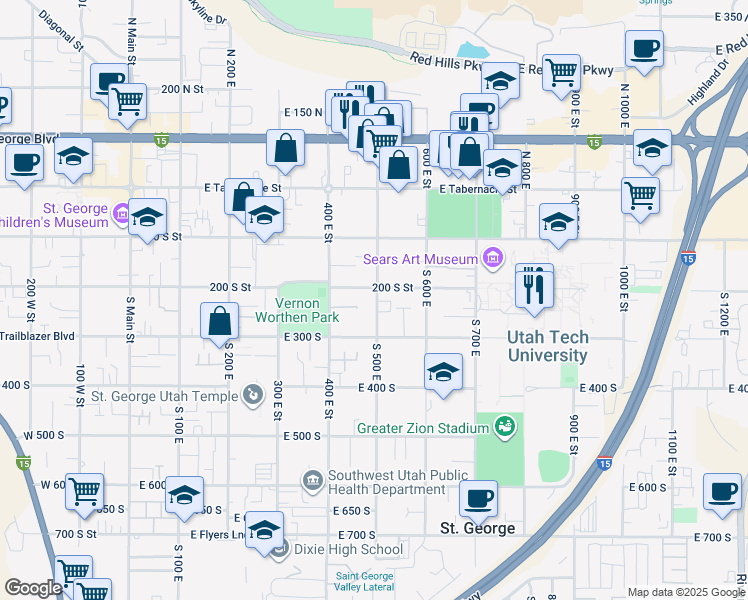 map of restaurants, bars, coffee shops, grocery stores, and more near 220 South 500 East in St. George