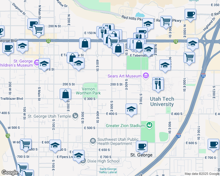 map of restaurants, bars, coffee shops, grocery stores, and more near 220 South 500 East in St. George