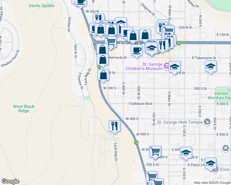 map of restaurants, bars, coffee shops, grocery stores, and more near 365 West 200 South in Saint George