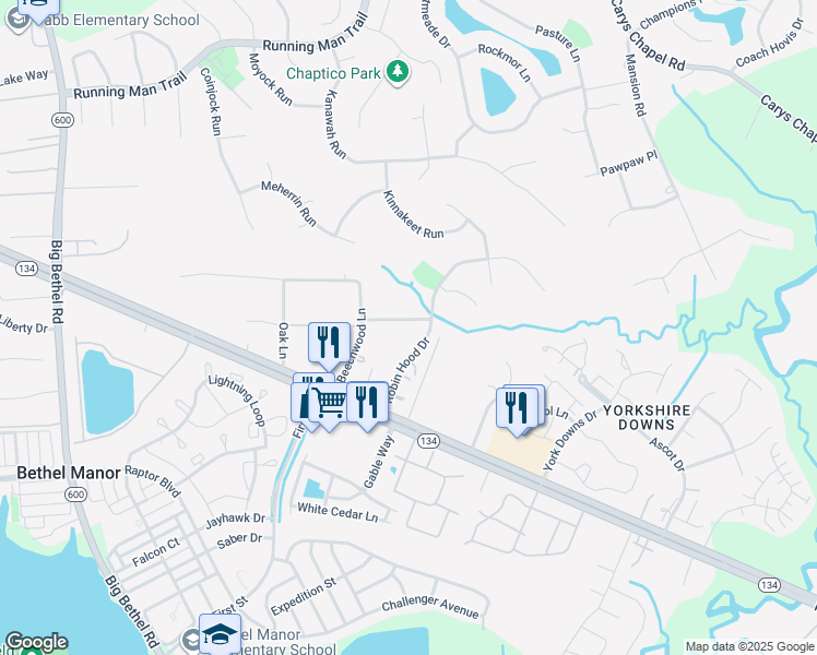 map of restaurants, bars, coffee shops, grocery stores, and more near 116 Dogwood Drive in Yorktown