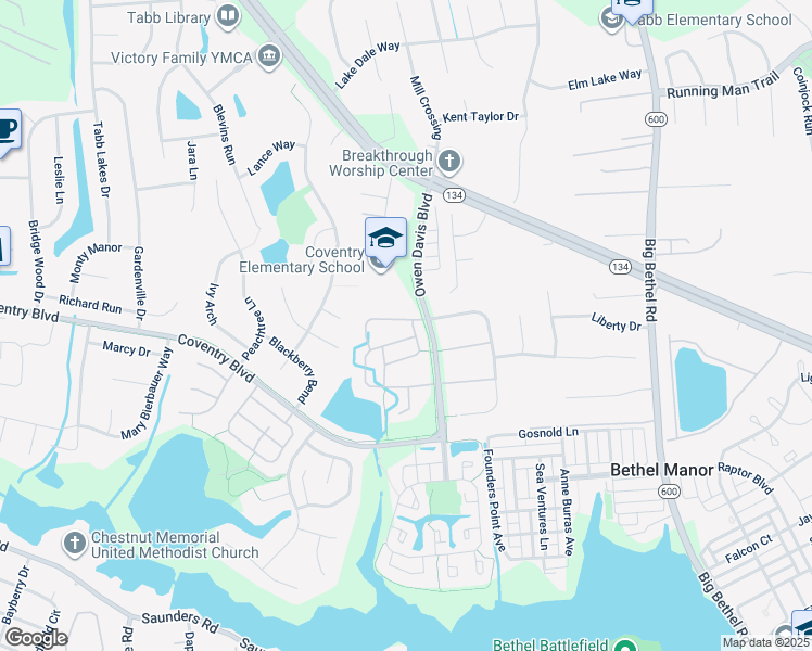 map of restaurants, bars, coffee shops, grocery stores, and more near 109 Seekright Drive in Yorktown