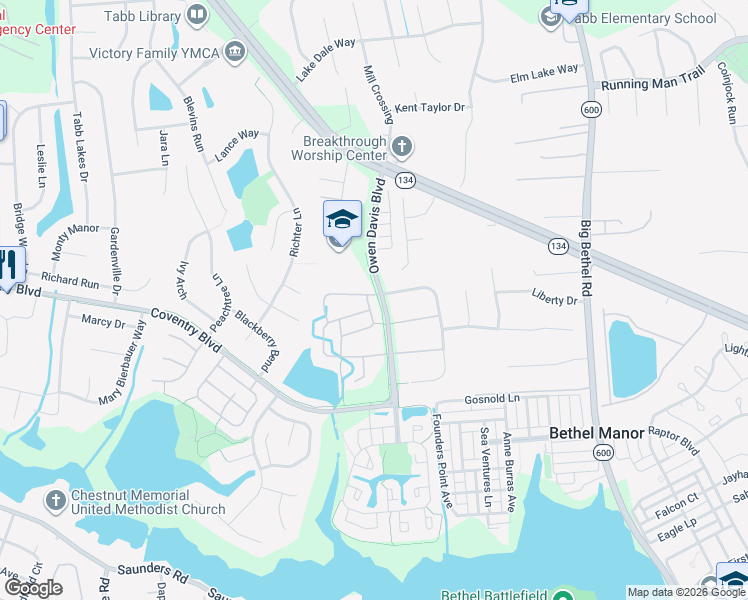 map of restaurants, bars, coffee shops, grocery stores, and more near 126 Grindstone Turn in Yorktown