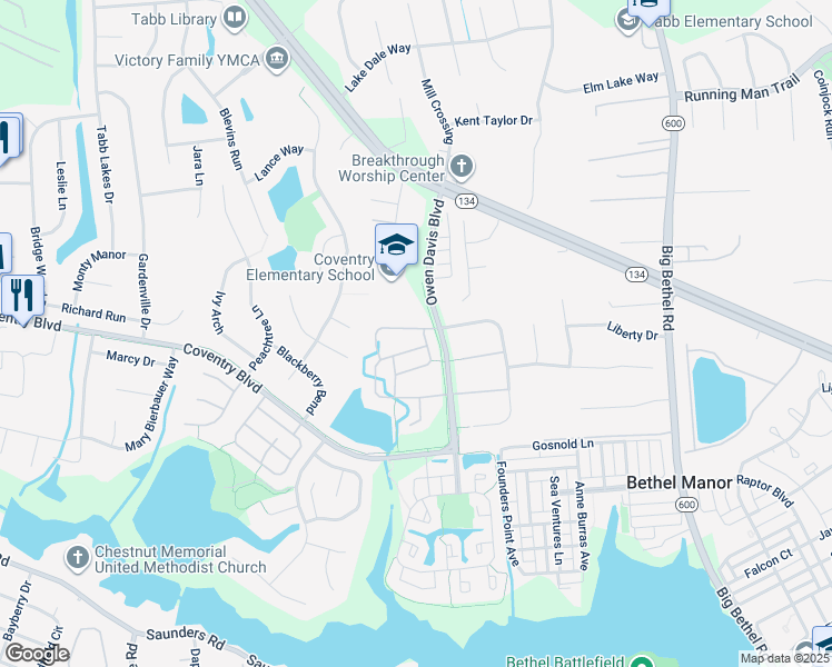 map of restaurants, bars, coffee shops, grocery stores, and more near 109 Seekright Drive in Yorktown
