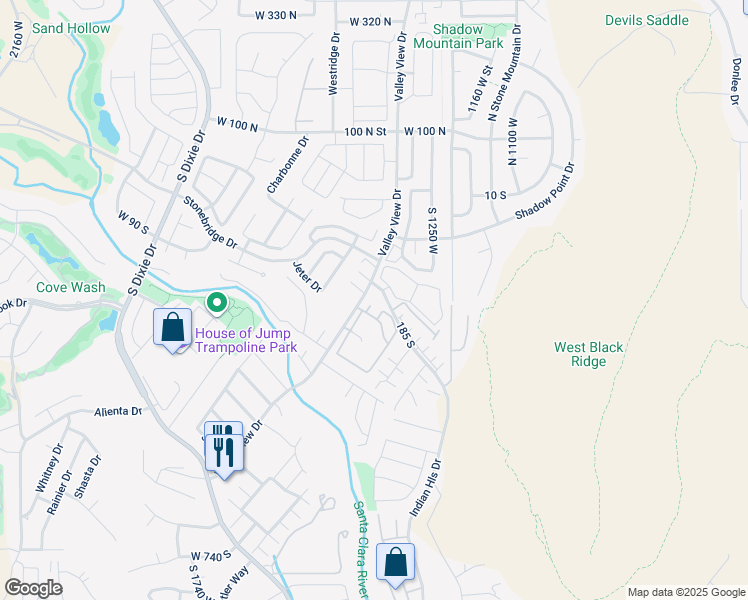 map of restaurants, bars, coffee shops, grocery stores, and more near 275 Valley View Drive in St. George