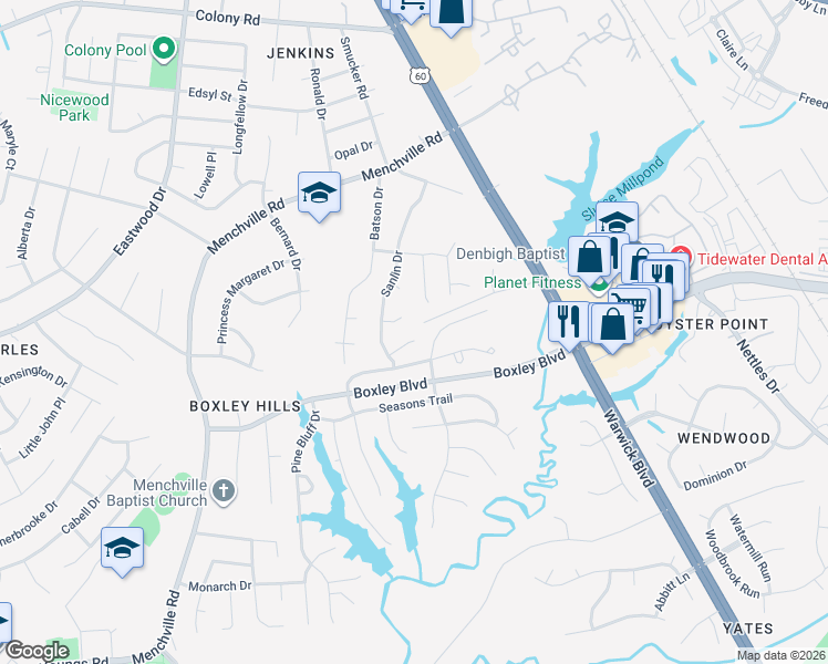 map of restaurants, bars, coffee shops, grocery stores, and more near 238 Whitebrook Lane in Newport News
