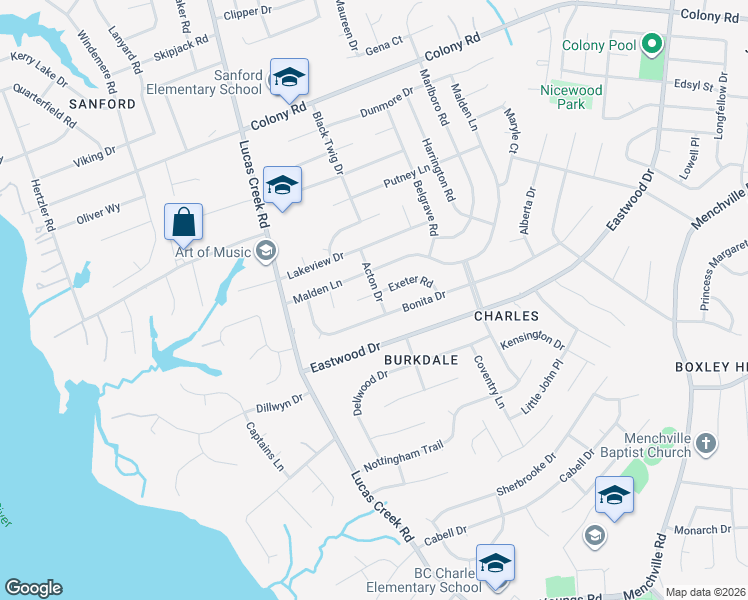 map of restaurants, bars, coffee shops, grocery stores, and more near 88 Bonita Drive in Newport News