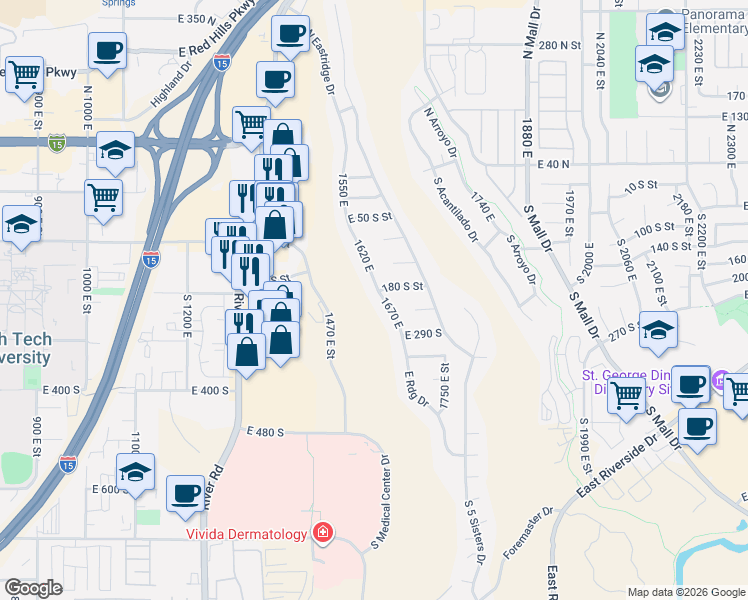 map of restaurants, bars, coffee shops, grocery stores, and more near 188 East Ridge Drive in St. George