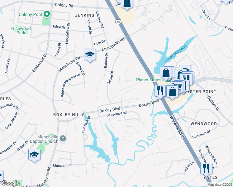 map of restaurants, bars, coffee shops, grocery stores, and more near 238 Whitebrook Lane in Newport News