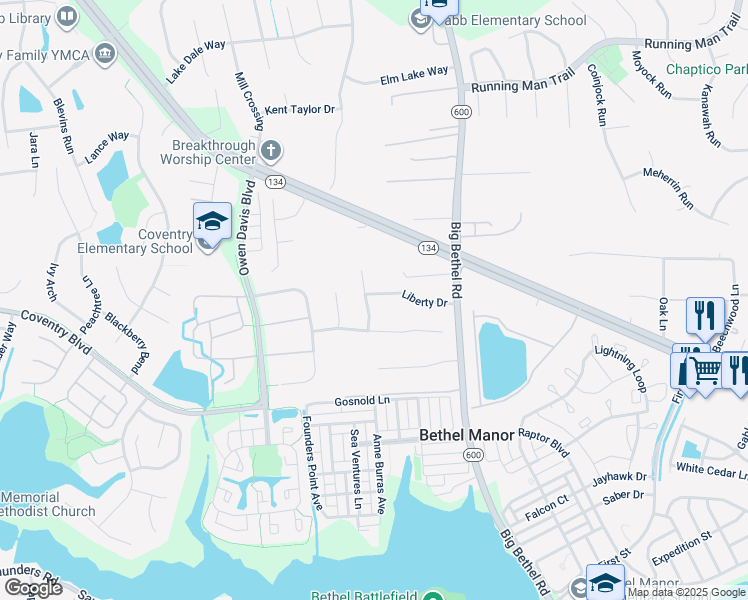 map of restaurants, bars, coffee shops, grocery stores, and more near 106 Militia Court in Yorktown