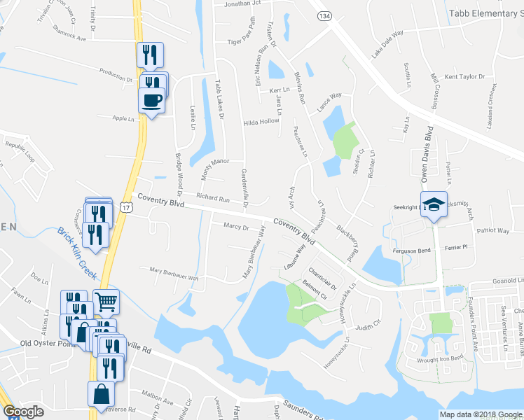 map of restaurants, bars, coffee shops, grocery stores, and more near 107 Conway Court in Yorktown