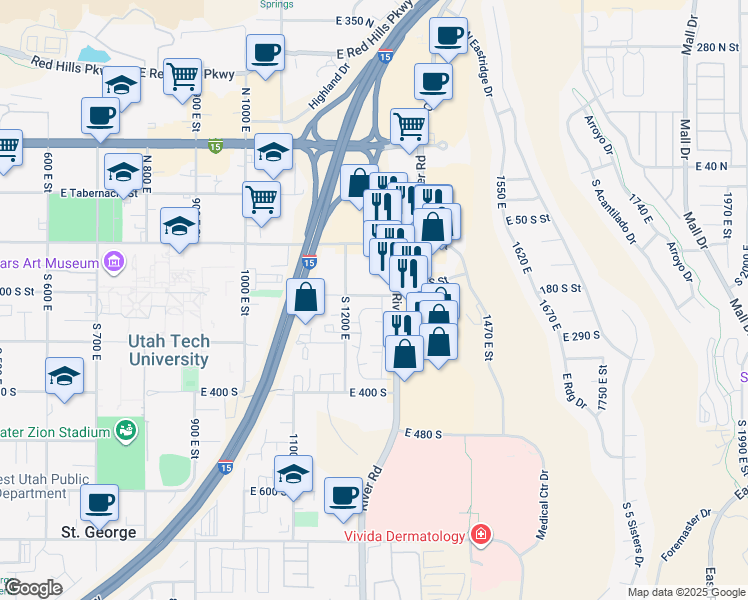 map of restaurants, bars, coffee shops, grocery stores, and more near 301 South 1200 East in St. George
