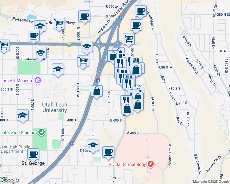 map of restaurants, bars, coffee shops, grocery stores, and more near 301 South 1200 East in St. George