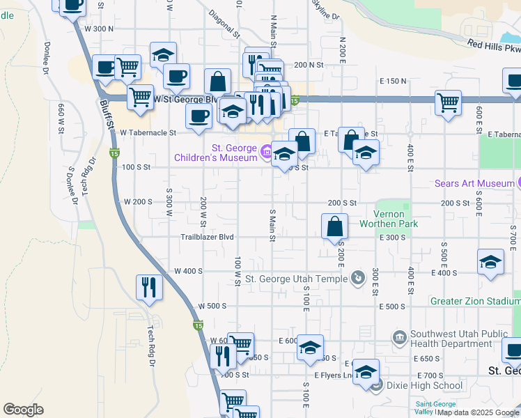 map of restaurants, bars, coffee shops, grocery stores, and more near 31 West 200 South in St. George