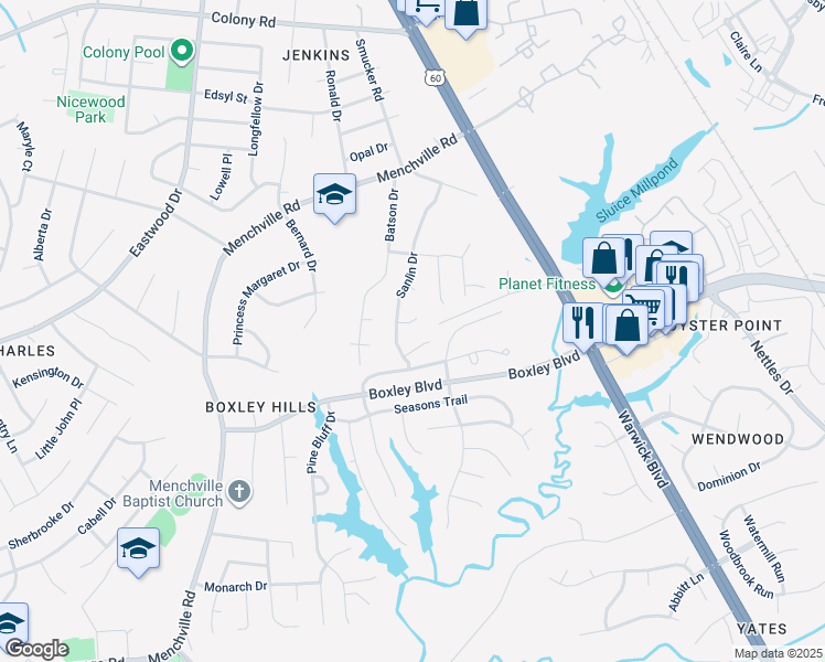 map of restaurants, bars, coffee shops, grocery stores, and more near 4 Maid Marion Circle in Newport News