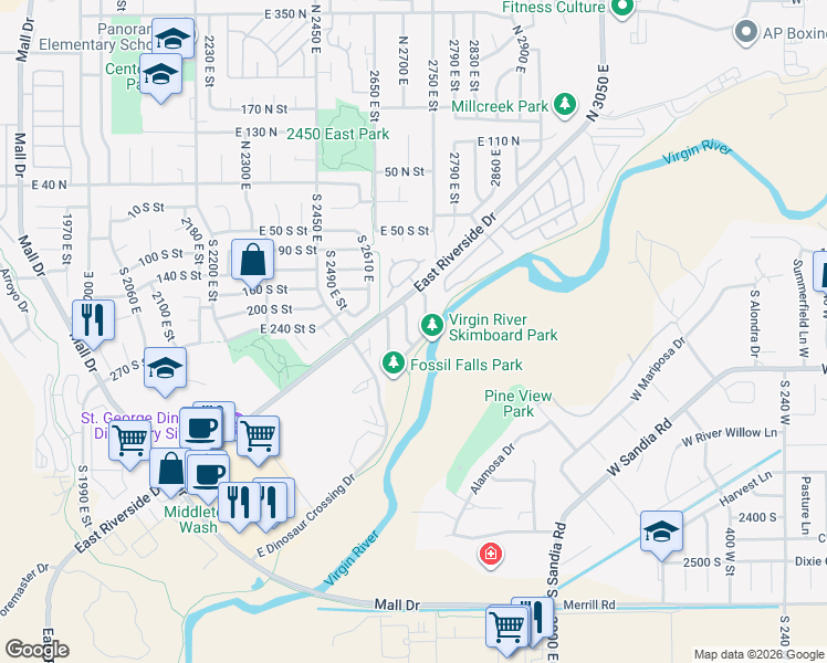 map of restaurants, bars, coffee shops, grocery stores, and more near 241-299 South Waterfront Drive in St. George