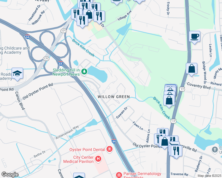 map of restaurants, bars, coffee shops, grocery stores, and more near 1044 North Green Drive in Newport News
