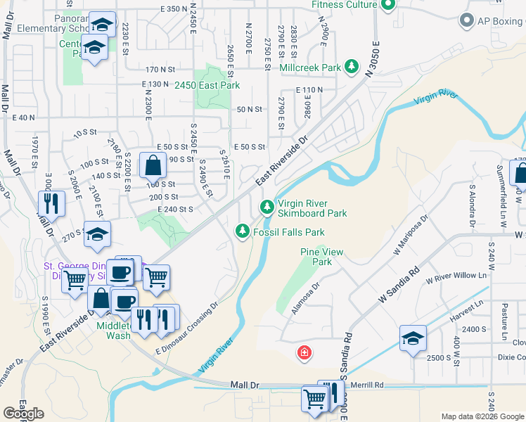 map of restaurants, bars, coffee shops, grocery stores, and more near 241 South Waterfront Drive in St. George
