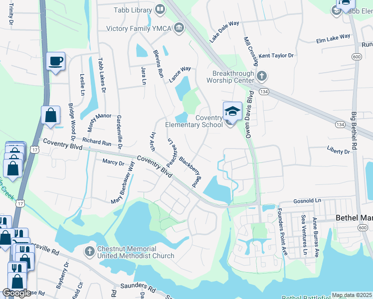 map of restaurants, bars, coffee shops, grocery stores, and more near 107 Brian Wesley Court in Yorktown