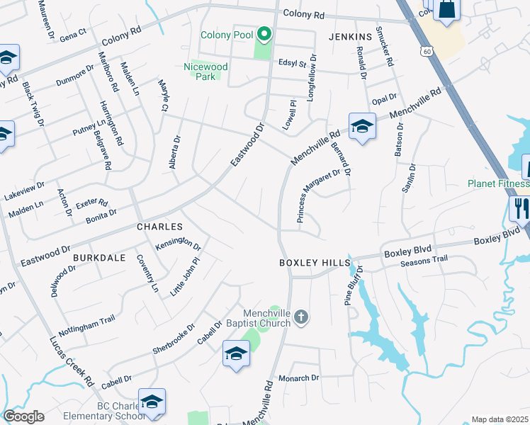 map of restaurants, bars, coffee shops, grocery stores, and more near 4 Wanger Circle in Newport News