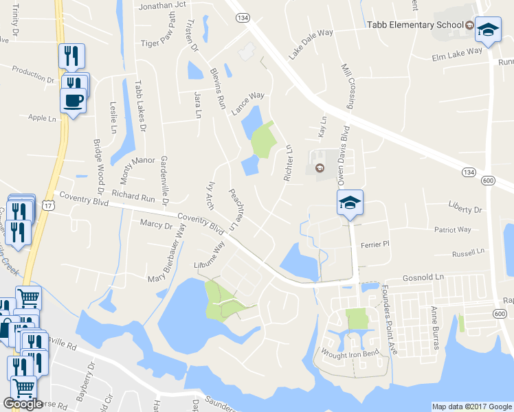 map of restaurants, bars, coffee shops, grocery stores, and more near 107 Brian Wesley Court in Yorktown