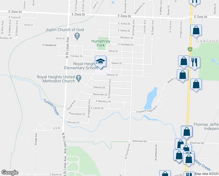 map of restaurants, bars, coffee shops, grocery stores, and more near 1598 North Patterson Avenue in Joplin