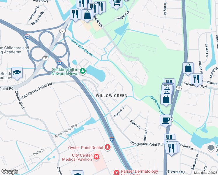 map of restaurants, bars, coffee shops, grocery stores, and more near 1046 North Green Drive in Newport News