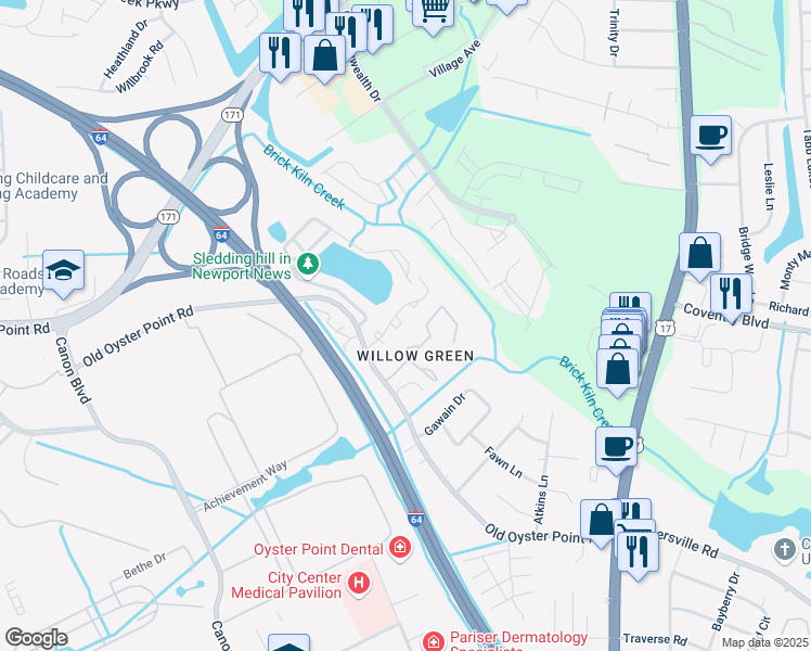 map of restaurants, bars, coffee shops, grocery stores, and more near 1046 North Green Drive in Newport News