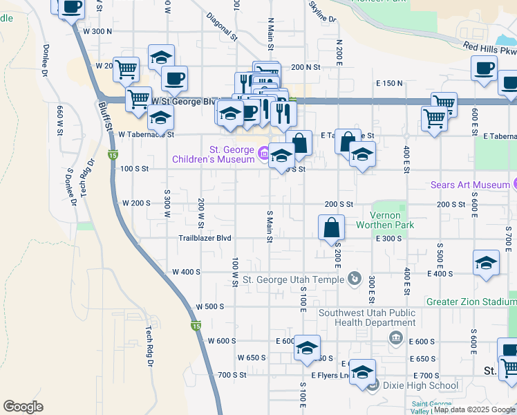 map of restaurants, bars, coffee shops, grocery stores, and more near 31 West 200 South in St. George