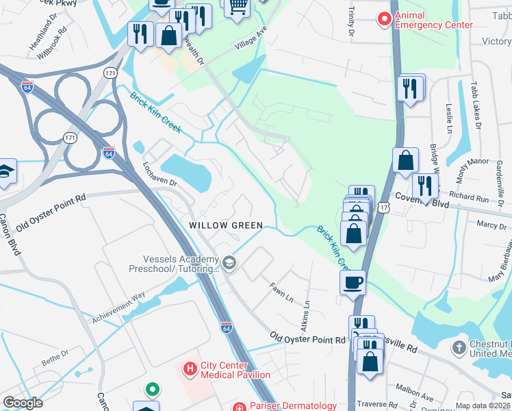 map of restaurants, bars, coffee shops, grocery stores, and more near 1084 Willow Green Drive in Newport News