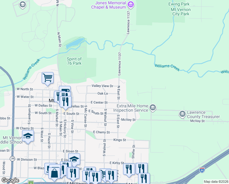 map of restaurants, bars, coffee shops, grocery stores, and more near 611 Oak Lane in Mount Vernon