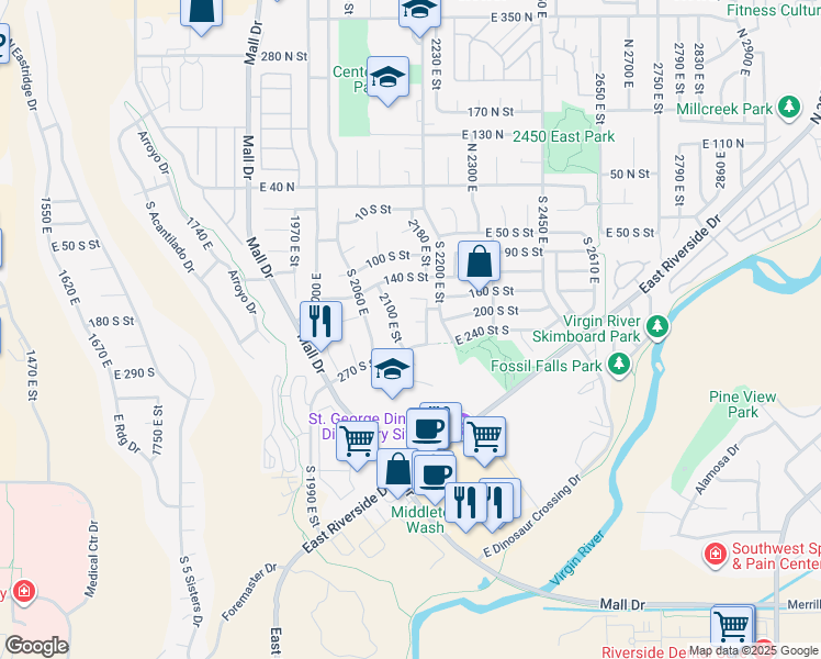 map of restaurants, bars, coffee shops, grocery stores, and more near 2144 East 220 South Circle in St. George