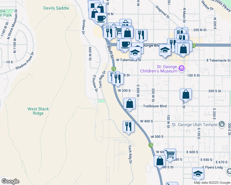 map of restaurants, bars, coffee shops, grocery stores, and more near 208 South Bluff Street in St. George