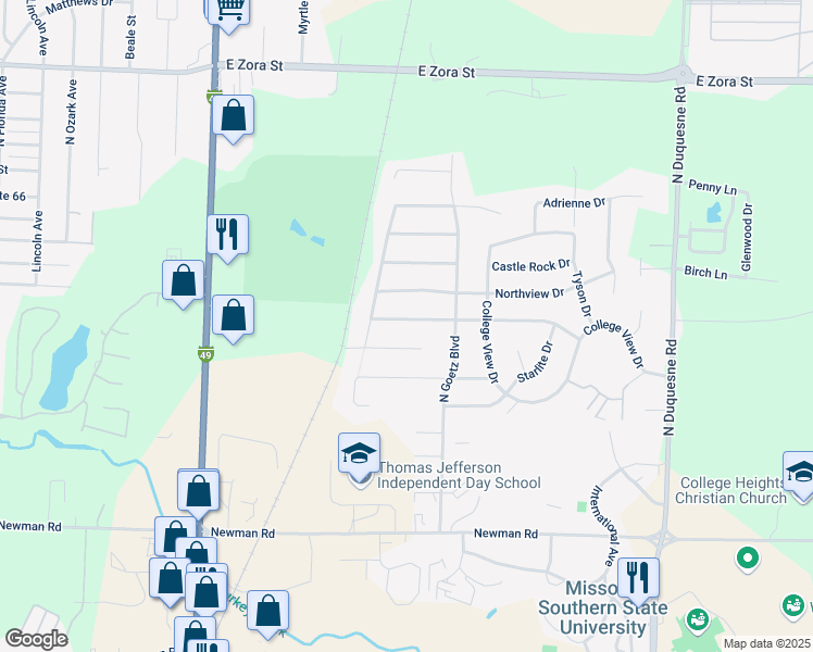 map of restaurants, bars, coffee shops, grocery stores, and more near 3428 Ridge Drive in Joplin