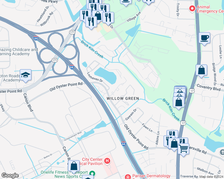map of restaurants, bars, coffee shops, grocery stores, and more near 1001 North Green Drive in Newport News