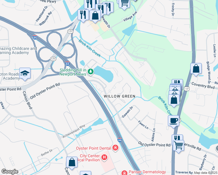 map of restaurants, bars, coffee shops, grocery stores, and more near 1013 North Green Drive in Newport News