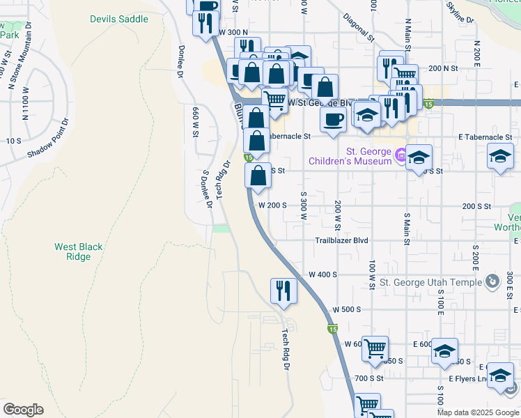 map of restaurants, bars, coffee shops, grocery stores, and more near 207 South Bluff Street in St. George