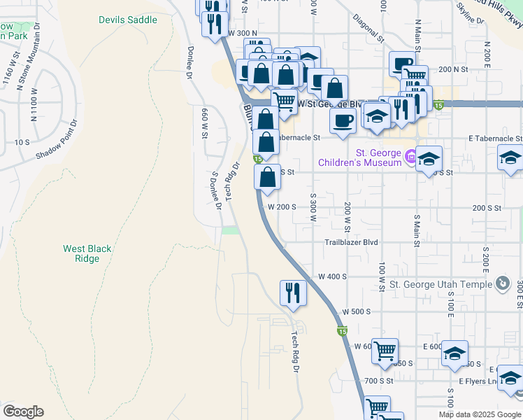 map of restaurants, bars, coffee shops, grocery stores, and more near 206 South Bluff Street in St. George