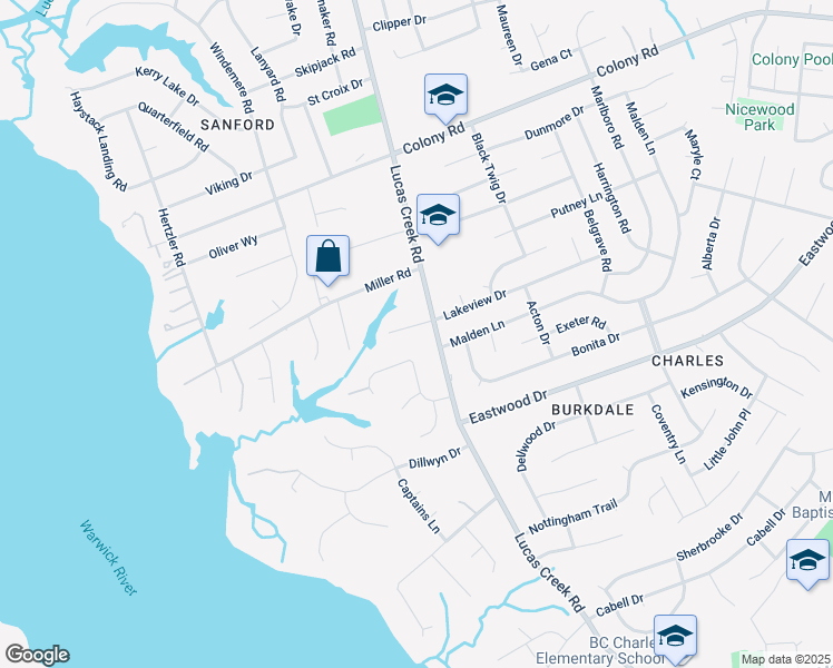 map of restaurants, bars, coffee shops, grocery stores, and more near 5 Lakeview Drive in Newport News
