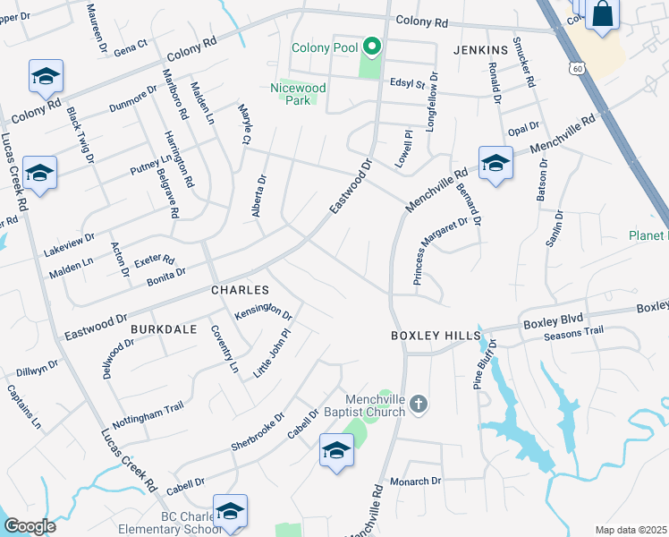 map of restaurants, bars, coffee shops, grocery stores, and more near 110 Kenneth Court in Newport News